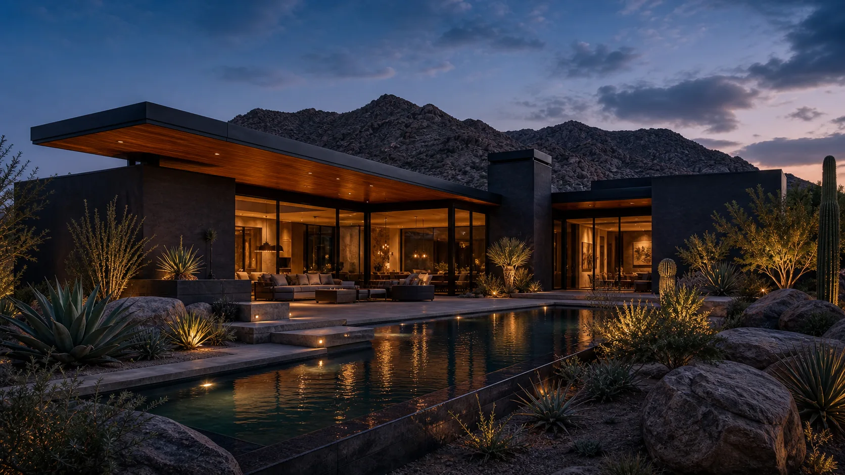 Charcoal modern desert home glowing at blue hour