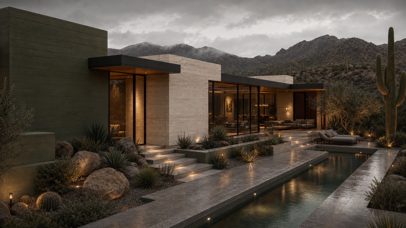 Olive concrete and travertine desert home after rain