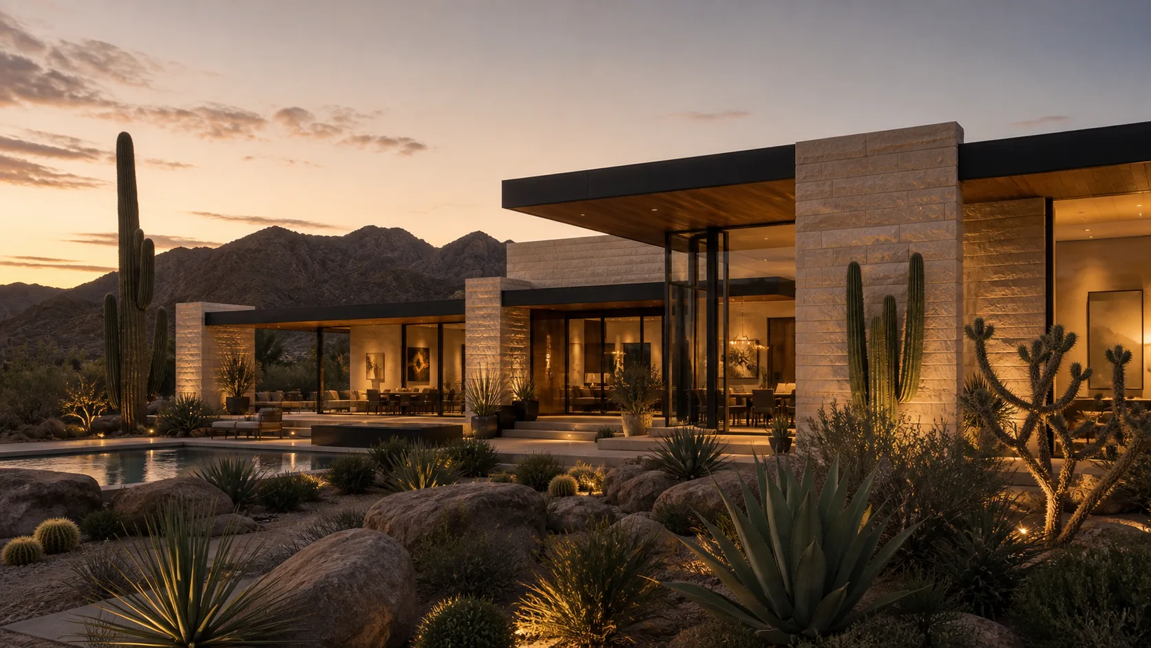 Warm sand limestone desert home at golden hour