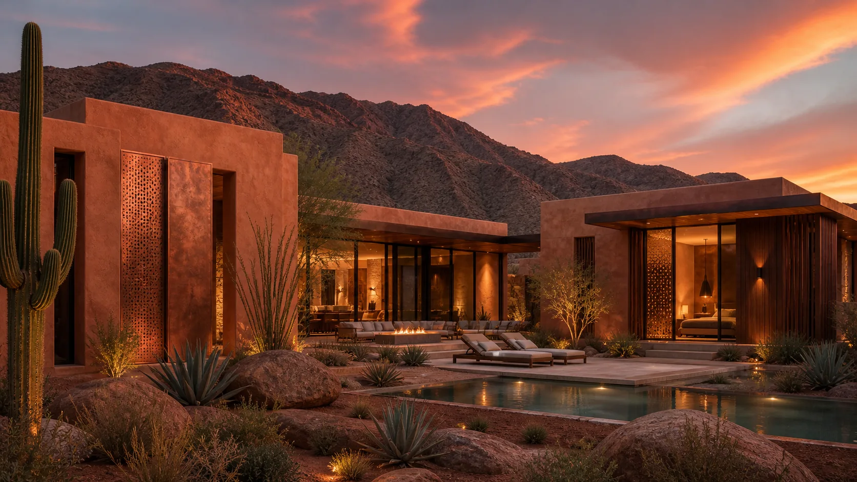 Terracotta and copper desert courtyard residence at sunset